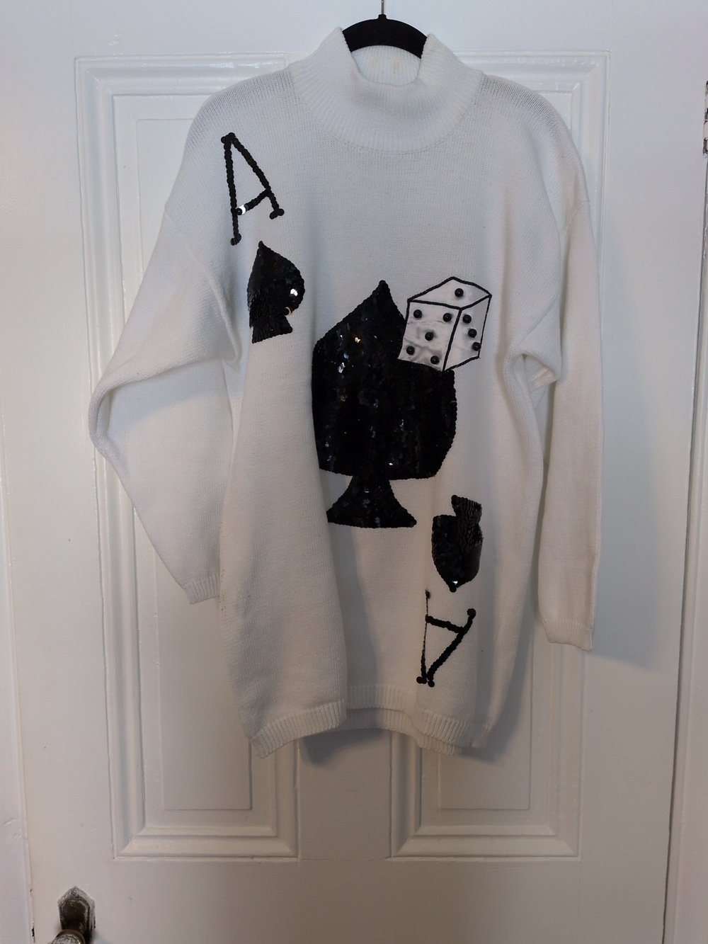 Oversized White Cotton Black Sequin Ace Of  Spades Graphic Turtleneck Sweater